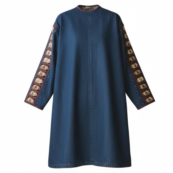 Vintage Denim Maxi Coat Wooden Elephant Bone Inserts Blue Jean Large Oversized - Picture 3 of 15